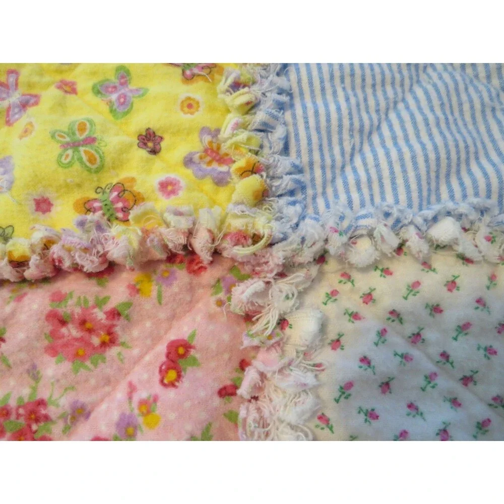 Flannel Rag Quilt With Batting, 50x64, Roses and Butterflies